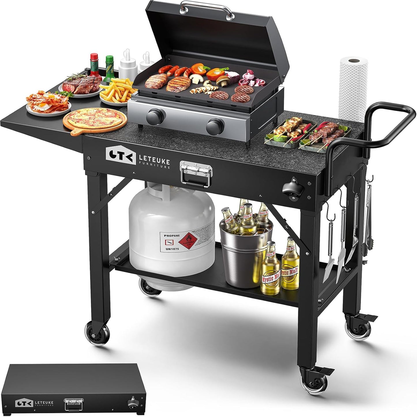 Foldable Cart Table with Wheels for Ninja, Griddle Stand Fit 17 Inch Or 22 Inch, BBQ Prep Tables with Seasoning Tray