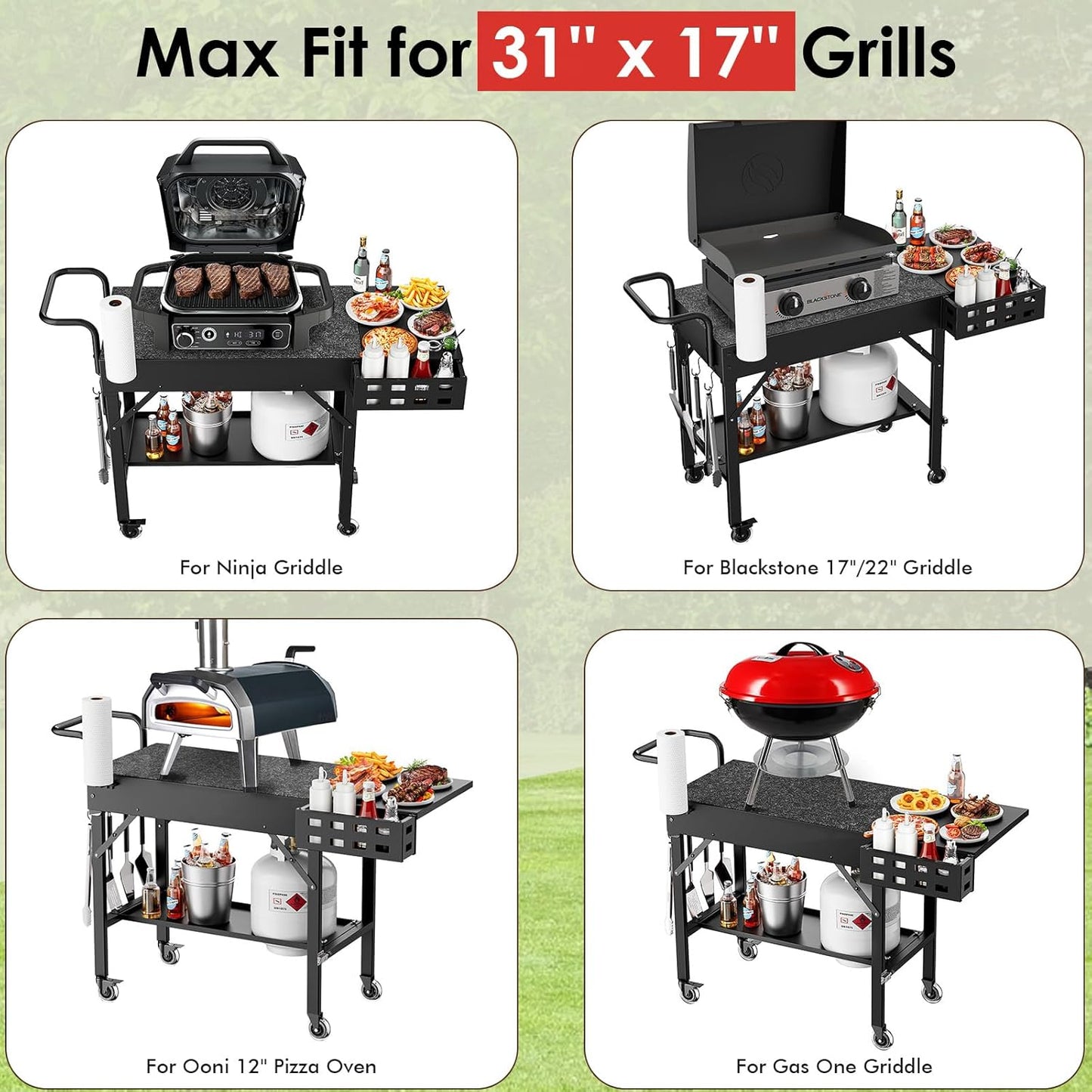 Foldable Cart Table with Wheels for Ninja, Griddle Stand Fit 17 Inch Or 22 Inch, BBQ Prep Tables with Seasoning Tray