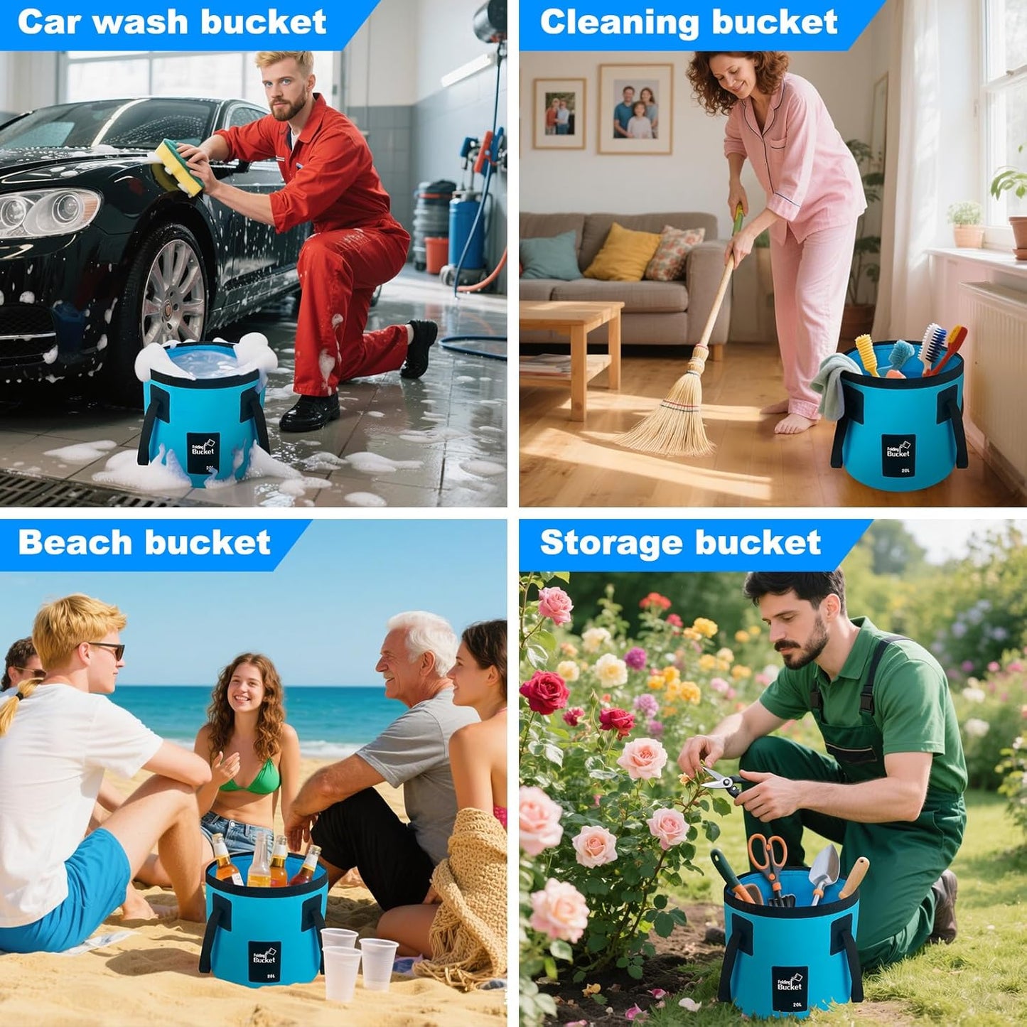 5 Gallon Collapsible Bucket with Handle – Foldable Water Storage for Camping, Fishing, Beach, Gardening; Portable Laundry Basin for RV, Cleaning, Emergency Prep