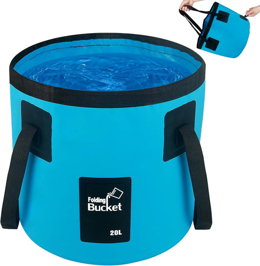5 Gallon Collapsible Bucket with Handle – Foldable Water Storage for Camping, Fishing, Beach, Gardening; Portable Laundry Basin for RV, Cleaning, Emergency Prep