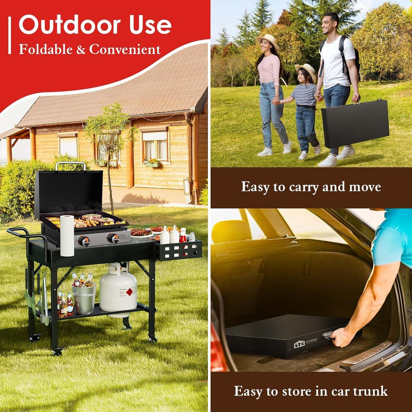 Foldable Cart Table with Wheels for Ninja, Griddle Stand Fit 17 Inch Or 22 Inch, BBQ Prep Tables with Seasoning Tray