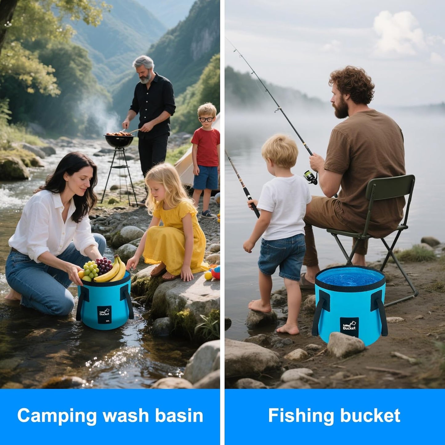 5 Gallon Collapsible Bucket with Handle – Foldable Water Storage for Camping, Fishing, Beach, Gardening; Portable Laundry Basin for RV, Cleaning, Emergency Prep