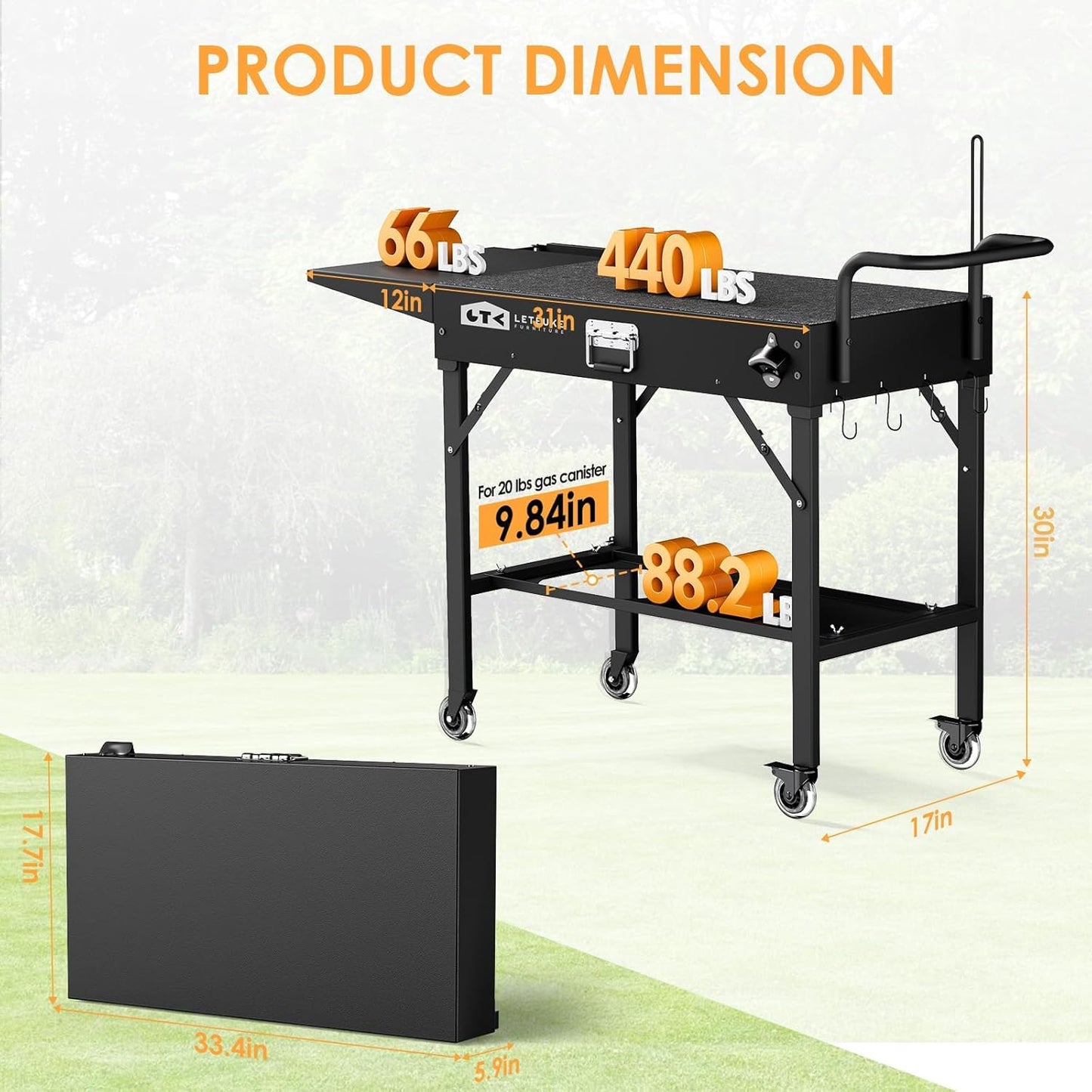 Foldable Cart Table with Wheels for Ninja, Griddle Stand Fit 17 Inch Or 22 Inch, BBQ Prep Tables with Seasoning Tray