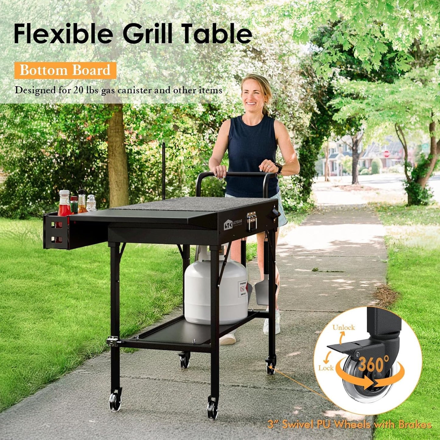 Foldable Cart Table with Wheels for Ninja, Griddle Stand Fit 17 Inch Or 22 Inch, BBQ Prep Tables with Seasoning Tray